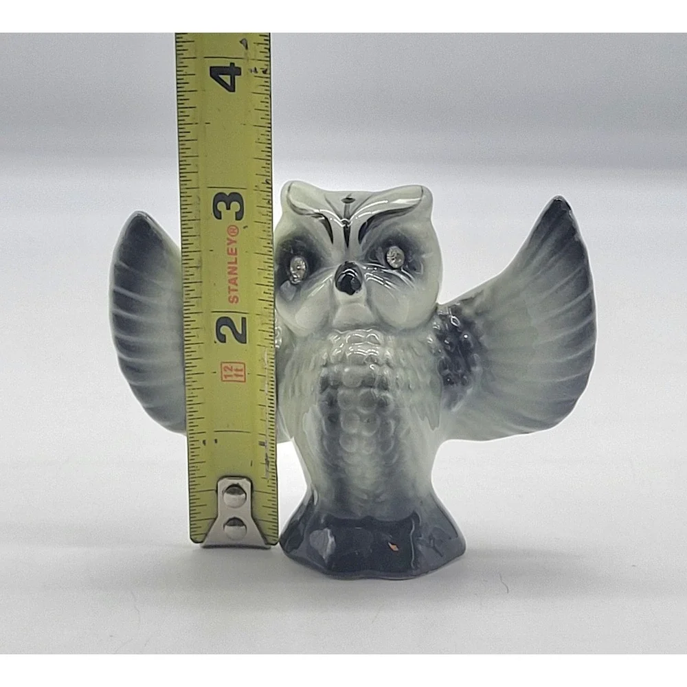 Vintage Enesco Japan MCM Owl Salt Pepper Shakers Gray Black Rhinestone Eyes